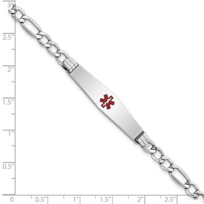 14K White Gold Medical Semi-Solid Chain/Solid Plate Soft Diamond Shape Centered Red Enamel Figaro Link ID Bracelet, 7 x 9mm
