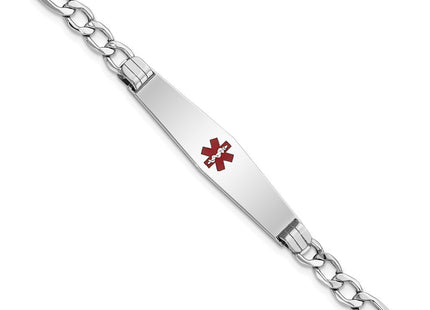 14k White Gold Medical Semi-Solid Chain/Solid Plate Soft Diamond Shape Centered Red Enamel Figaro Link ID Bracelet (Style XM592CCW-7)