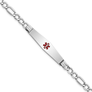 14k White Gold Medical Semi-Solid Chain/Solid Plate Soft Diamond Shape Centered Red Enamel Figaro Link ID Bracelet (Style XM592CCW-7)