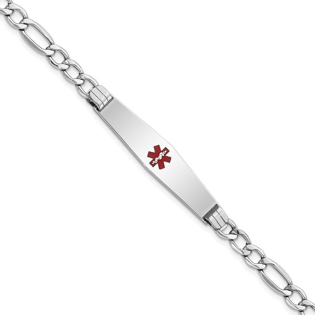 14k White Gold Medical Semi-Solid Chain/Solid Plate Soft Diamond Shape Centered Red Enamel Figaro Link ID Bracelet, 7 x 9mm
