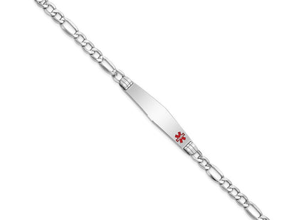 14K White Gold Medical Semi-Solid Chain/Solid Plate Soft Diamond Shape Off-Center Red Enamel Figaro Link ID Bracelet (Style XM592FCW-7)