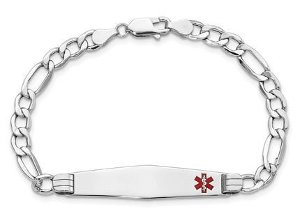 14K White Gold Medical Semi-Solid Chain/Solid Plate Soft Diamond Shape Off-Center Red Enamel Figaro Link ID Bracelet (Style XM592FCW-7)