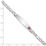 14K White Gold Medical Semi-Solid Chain/Solid Plate Soft Diamond Shape Off-Center Red Enamel Figaro Link ID Bracelet view
