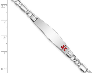 14K White Gold Medical Semi-Solid Chain/Solid Plate Soft Diamond Shape Off-Center Red Enamel Figaro Link ID Bracelet (Style XM592FCW-7)