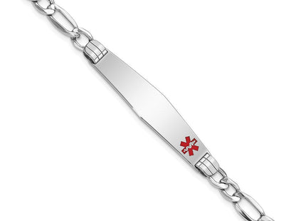 14K White Gold Medical Semi-Solid Chain/Solid Plate Soft Diamond Shape Off-Center Red Enamel Figaro Link ID Bracelet (Style XM592FCW-7)