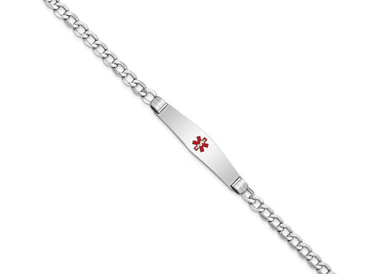 14K White Gold Medical Semi-Solid Chain/Solid Plate Soft Diamond Shape Centered Red Enamel Curb Link ID Bracelet (Style XM593CCW-7)