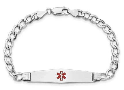 14K White Gold Medical Semi-Solid Chain/Solid Plate Soft Diamond Shape Centered Red Enamel Curb Link ID Bracelet (Style XM593CCW-7)