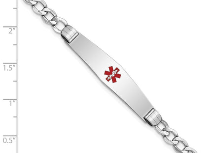 14K White Gold Medical Semi-Solid Chain/Solid Plate Soft Diamond Shape Centered Red Enamel Curb Link ID Bracelet (Style XM593CCW-7)