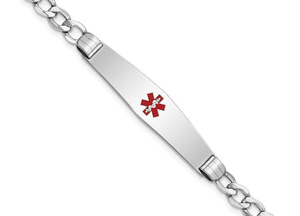 14K White Gold Medical Semi-Solid Chain/Solid Plate Soft Diamond Shape Centered Red Enamel Curb Link ID Bracelet (Style XM593CCW-7)