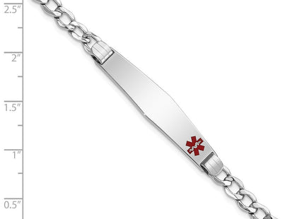 14K White Gold Medical Semi-Solid Chain/Solid Plate Soft Diamond Shape Off-Center Red Enamel Cuban Link ID Bracelet (Style XM593FCW-7)