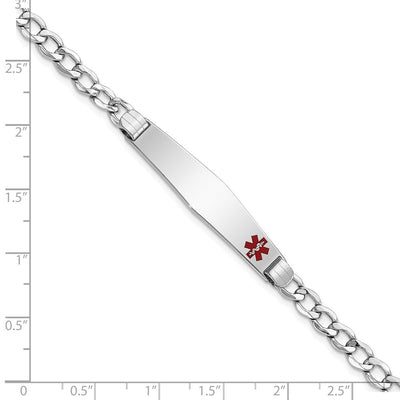 14K White Gold Medical Semi-Solid Chain/Solid Plate Soft Diamond Shape Off-Center Red Enamel Cuban Link ID Bracelet