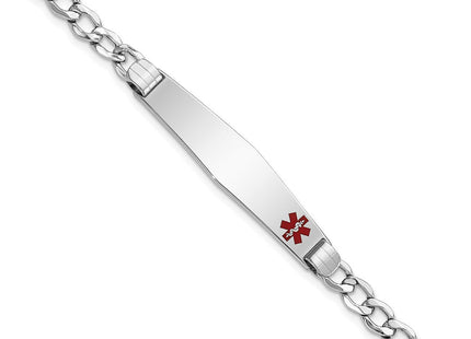14K White Gold Medical Semi-Solid Chain/Solid Plate Soft Diamond Shape Off-Center Red Enamel Cuban Link ID Bracelet (Style XM593FCW-7)