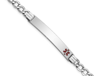 14K White Gold Medical Semi-solid Chain/Solid Plate Off-Center Red Enamel Curb Link ID Bracelet (Style XM593FRW-7)
