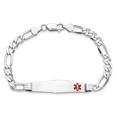 14K White Gold Medical Solid Chain/Solid Plate Soft Diamond Shape 38x9mm Off-Center Red Enamel Figaro Link ID Bracelet
