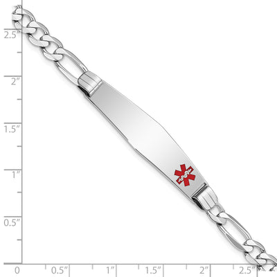 14K White Gold Medical Solid Chain/Solid Plate Soft Diamond Shape 38x9mm Off-Center Red Enamel Figaro Link ID Bracelet