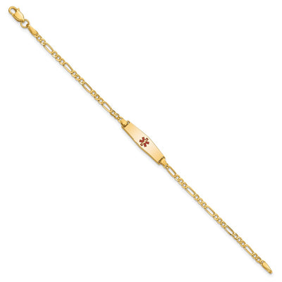 14K Medical Solid Chain/Solid Plate Soft Diamond Shape Centered Red Enamel Figaro Link Baby/Child ID Bracelet