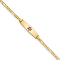 14K Medical Solid Chain/Solid Plate Soft Diamond Shape Centered Red Enamel Figaro Link Baby/Child ID Bracelet