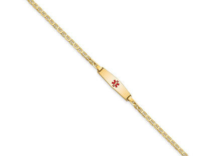 14k Medical Solid Chain/Solid Plate Soft Diamond Shape Centered Red Enamel Flat Anchor Link ID Bracelet (Style XM597CC-6)
