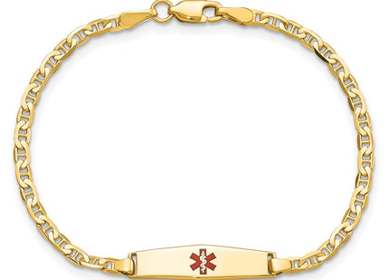14k Medical Solid Chain/Solid Plate Soft Diamond Shape Centered Red Enamel Flat Anchor Link ID Bracelet (Style XM597CC-6)