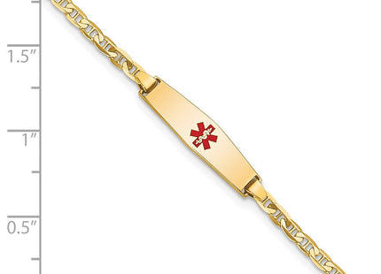 14k Medical Solid Chain/Solid Plate Soft Diamond Shape Centered Red Enamel Flat Anchor Link ID Bracelet (Style XM597CC-6)