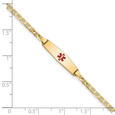 14K Medical Solid Chain/Solid Plate Soft Diamond Shape Centered Red Enamel Flat Anchor Link Baby/Child ID Bracelet