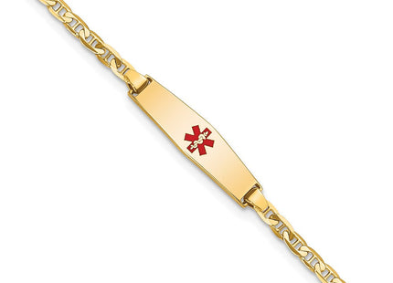 14k Medical Solid Chain/Solid Plate Soft Diamond Shape Centered Red Enamel Flat Anchor Link ID Bracelet (Style XM597CC-6)