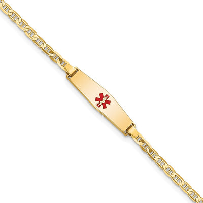 14K Medical Solid Chain/Solid Plate Soft Diamond Shape Centered Red Enamel Flat Anchor Link Baby/Child ID Bracelet