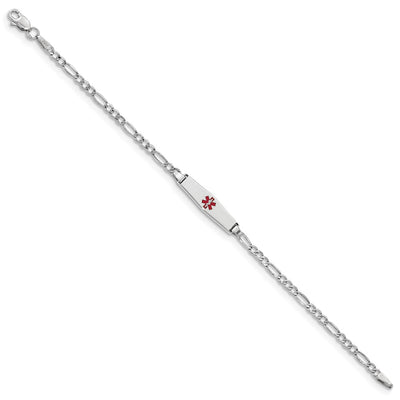 14K White Gold Medical Semi-Solid Chain/Solid Plate Soft Diamond Shape Centered Red Enamel Figaro Link ID Bracelet, 6 x 6mm