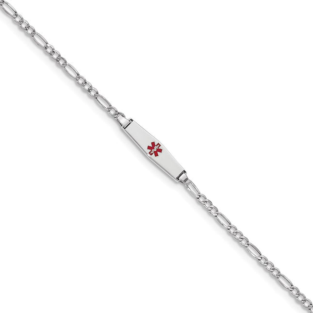 14k White Gold Medical Semi-Solid Chain/Solid Plate Soft Diamond Shape Centered Red Enamel Figaro Link ID Bracelet, 6 x 6mm