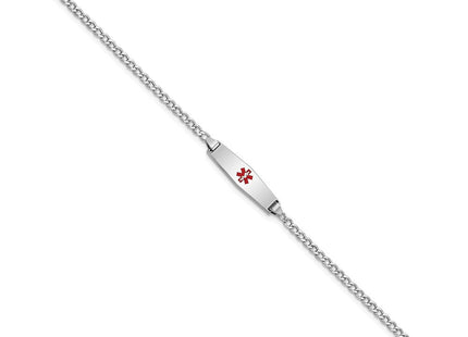 14k White Gold Medical Semi-Solid Chain/Solid Plate Soft Diamond Shape Centered Red Enamel Cuban Link ID Bracelet (Style XM603CCW-6)