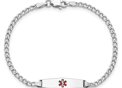 14k White Gold Medical Semi-Solid Chain/Solid Plate Soft Diamond Shape Centered Red Enamel Cuban Link ID Bracelet (Style XM603CCW-6)