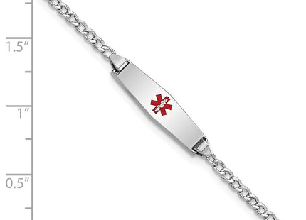 14k White Gold Medical Semi-Solid Chain/Solid Plate Soft Diamond Shape Centered Red Enamel Cuban Link ID Bracelet (Style XM603CCW-6)
