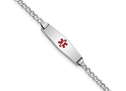 14k White Gold Medical Semi-Solid Chain/Solid Plate Soft Diamond Shape Centered Red Enamel Cuban Link ID Bracelet (Style XM603CCW-6)