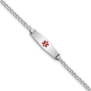 14k White Gold Medical Semi-Solid Chain/Solid Plate Soft Diamond Shape Centered Red Enamel Cuban Link ID Bracelet (Style XM603CCW-6)