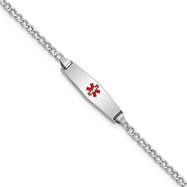 14k White Gold Medical Semi-Solid Chain/Solid Plate Soft Diamond Shape Centered Red Enamel Cuban Link ID Bracelet