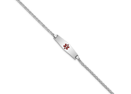 14k White Gold Medical Semi-Solid Chain/Solid Plate Soft Diamond Shape Centered Red Enamel Anchor Link Baby/Child ID Bracelet (Style XM604CCW-6)