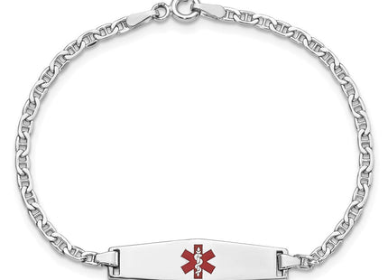 14k White Gold Medical Semi-Solid Chain/Solid Plate Soft Diamond Shape Centered Red Enamel Anchor Link Baby/Child ID Bracelet (Style XM604CCW-6)