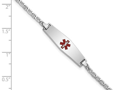 14k White Gold Medical Semi-Solid Chain/Solid Plate Soft Diamond Shape Centered Red Enamel Anchor Link Baby/Child ID Bracelet (Style XM604CCW-6)