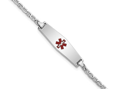 14k White Gold Medical Semi-Solid Chain/Solid Plate Soft Diamond Shape Centered Red Enamel Anchor Link Baby/Child ID Bracelet (Style XM604CCW-6)