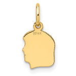 14K Plain Small .013 Gauge Facing Right Engravable Girl Head Charm, 15 x 8mm view