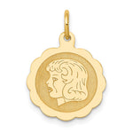 14K Girl Head on .013 Gauge Engravable Scalloped Disc Charm, 21 x 15mm view