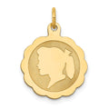 14K Girl Head on .009 Gauge Engravable Scalloped Disc Charm, 21 x 15mm