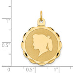 14K Girl Head on .013 Gauge Engravable Scalloped Disc Charm, 29 x 22mm view