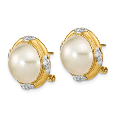 14K White Mabe Saltwater Cultured Pearl and .16 Carat Diamond Omega Back Earrings