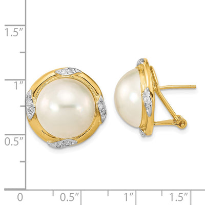 14K White Mabe Saltwater Cultured Pearl and .16 Carat Diamond Omega Back Earrings