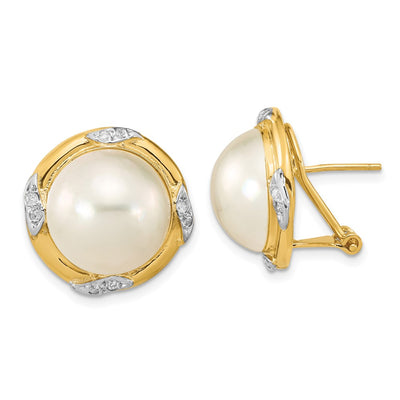 14K White Mabe Saltwater Cultured Pearl and .16 Carat Diamond Omega Back Earrings