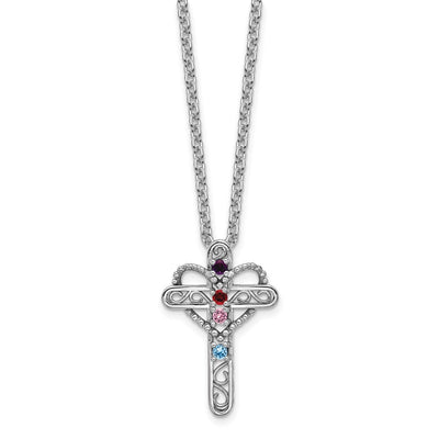 14K White Gold Polish Filigree 4-Stone Mothers Cross Pendant Mounting