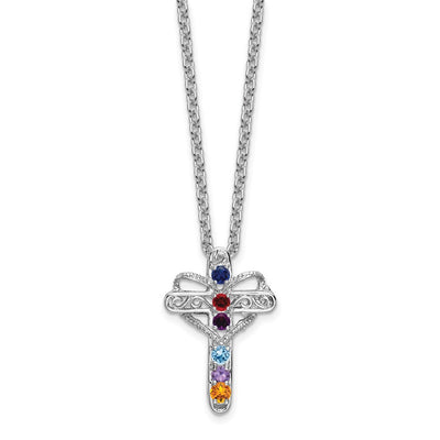 14K White Gold Polish Filigree 6-Stone Mothers Cross Pendant Mounting