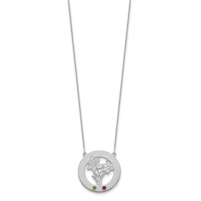14K White Gold Circle w/2 Birth Flower and Birthstone Necklace