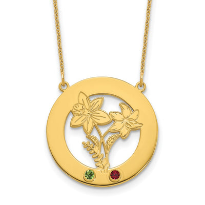 14K Yellow Gold Circle w/2 Birth Flower and Birthstone Necklace